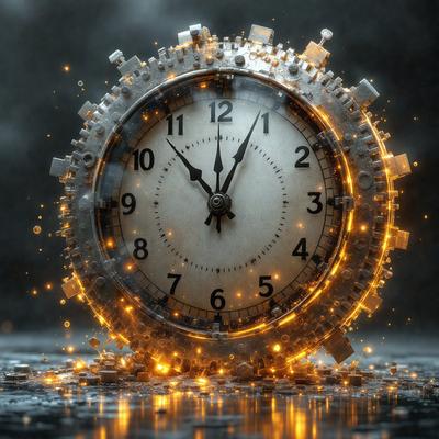 The primary subject of the image is a clock with a unique design. The clock is surrounded by a glowing, sparkling background, giving it an artistic and visually appealing appearance. The setting appears to be a dark, moody environment, which contrasts with the bright, colorful clock. The visual style of the image is a combination of digital art and illustration, creating a striking and eye-catching scene. The colors and mood of the image are predominantly dark and dramatic, with the clock serving